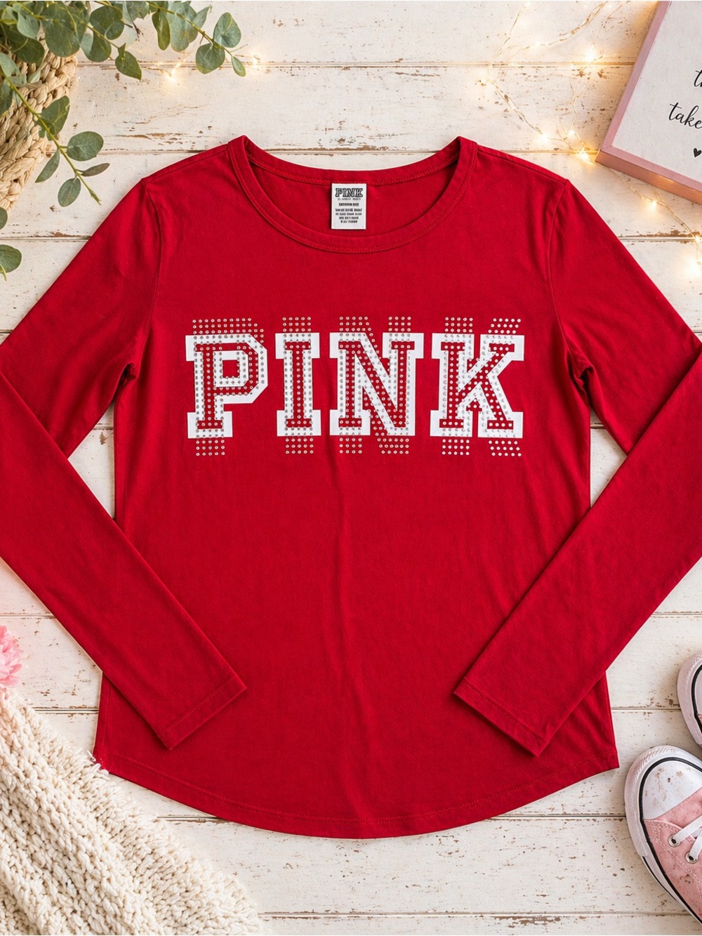 PINK Victoria’s Secret Red Rhinestone Logo Long Sleeve Tee Small